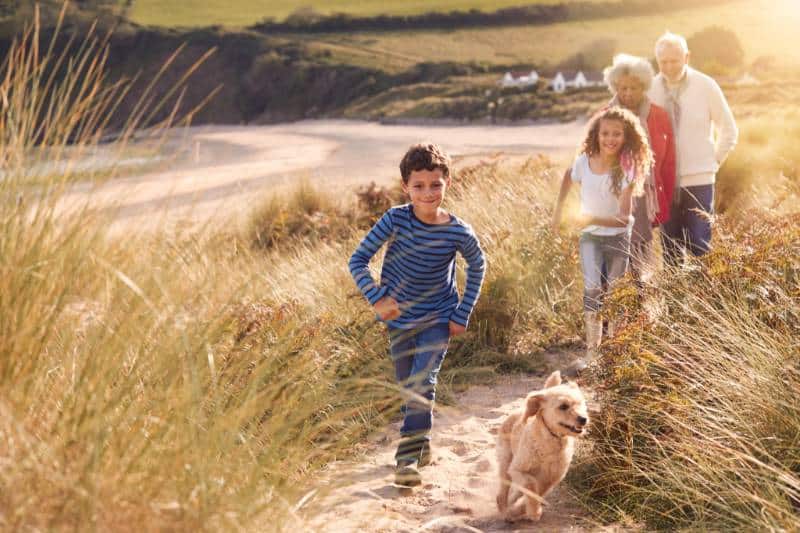 family and dog on the beach in Cornwall