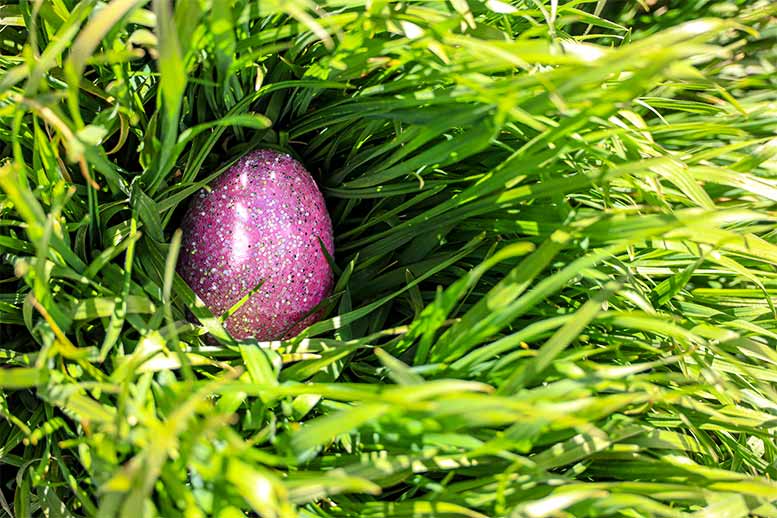 A pink Easter egg lying in some grass
